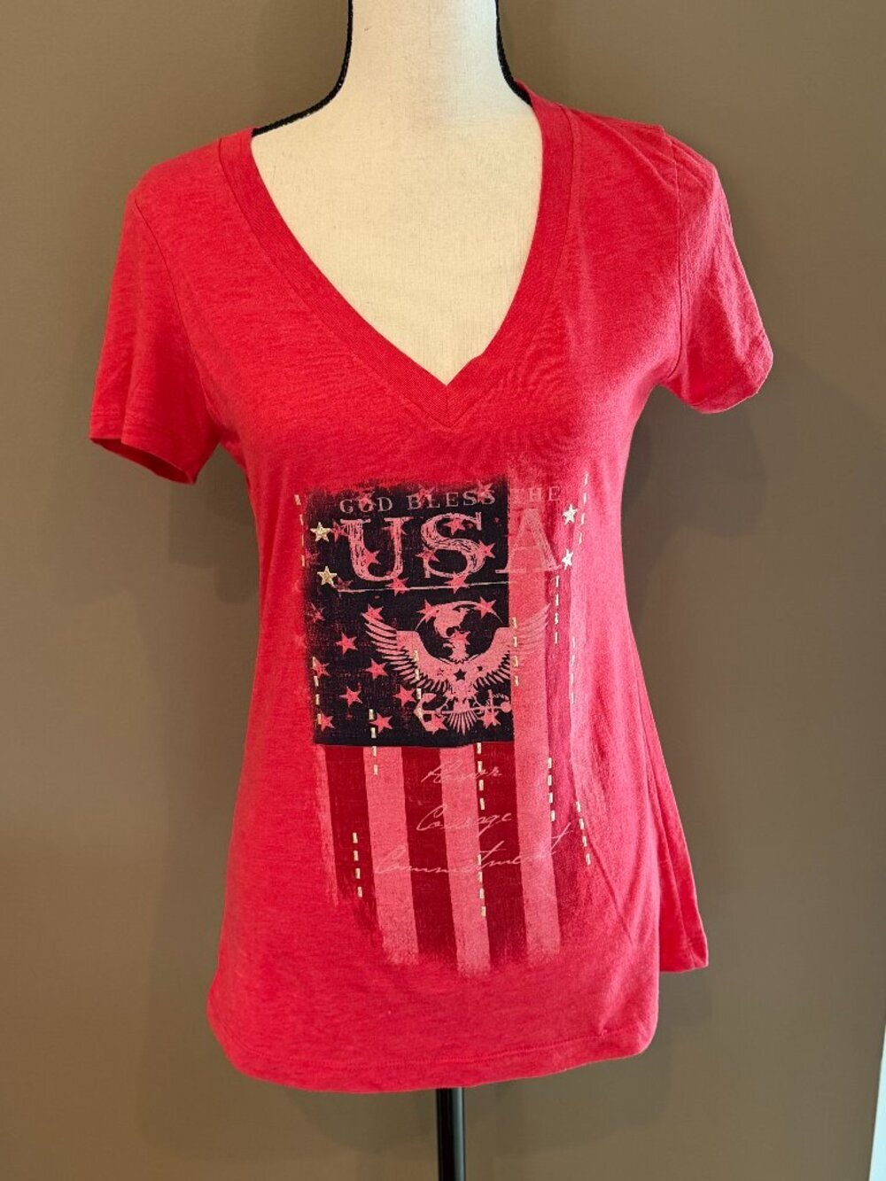 Patriotic God Bless the USA Red V-Neck T-shirt, Flag, Size Large